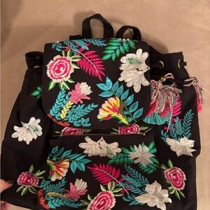 Floral Embroidered Black Backpack